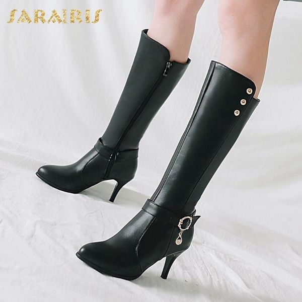 

sarairis 2020 new arrivals plus size 48 spike high heels knee high boots women shoes zip up metal comfy fashion boots female1, Black