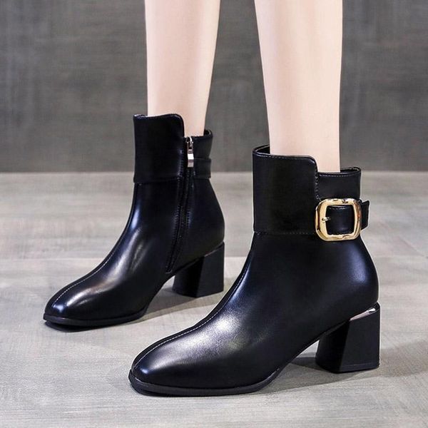 

boots women ankle 2021 winter autumn high heels dress shoes chunky booties black buckle fashion ladies botas mujer 8626c