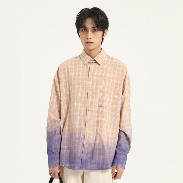 

new male streetstyle fashion hip hop loose shirts men long sleeve casual gradient plaid shirt1, White;black