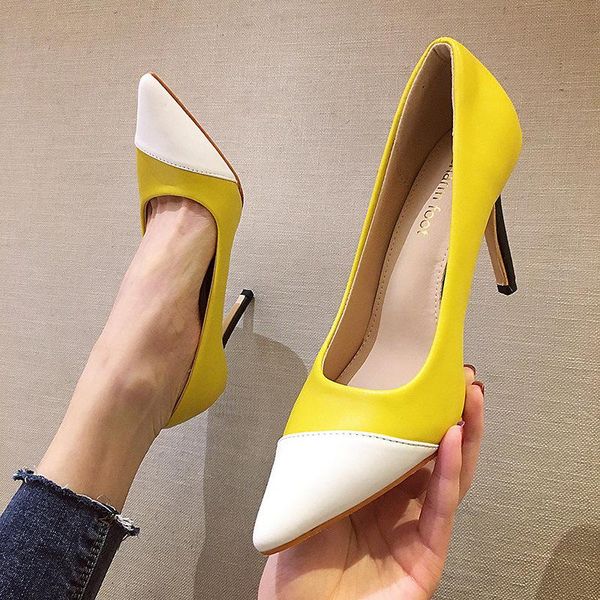 

simple color matching pumps shoes women summer fashion high heel shallow mouth shoes stitching pointed shallow high heels, Black