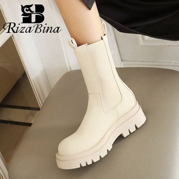 

rizabina women short boots fashion platform pu leather thick heel winter shoe woman warm elastic casual lady footwear size 34-42 201114, Black