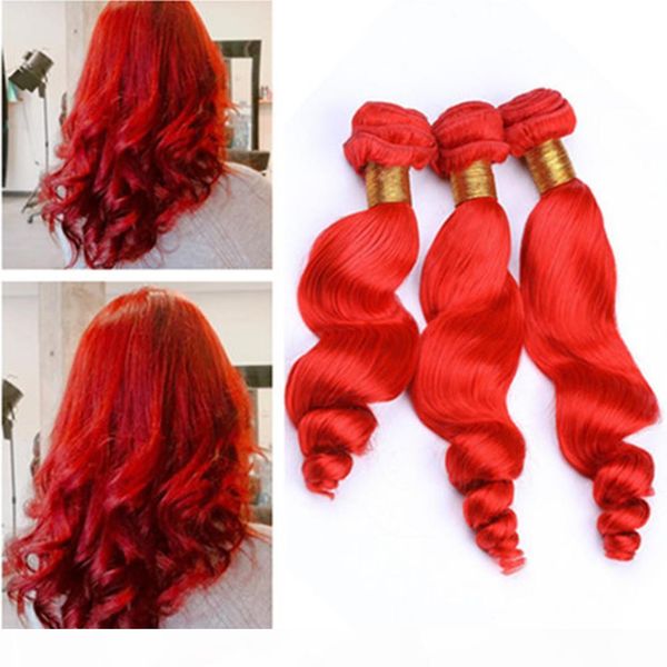 

loose wave bright red 3bundles malaysian human hair weaving red colored losoe wavy virgin human hair extensions double weft, Black