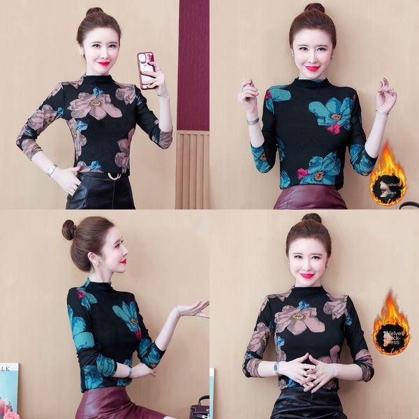 

ho22e half high collar bottomed for shirt women's tight and slimbright silk t-shirtautumn ong opcoatsleeve printed mesh and winte, White