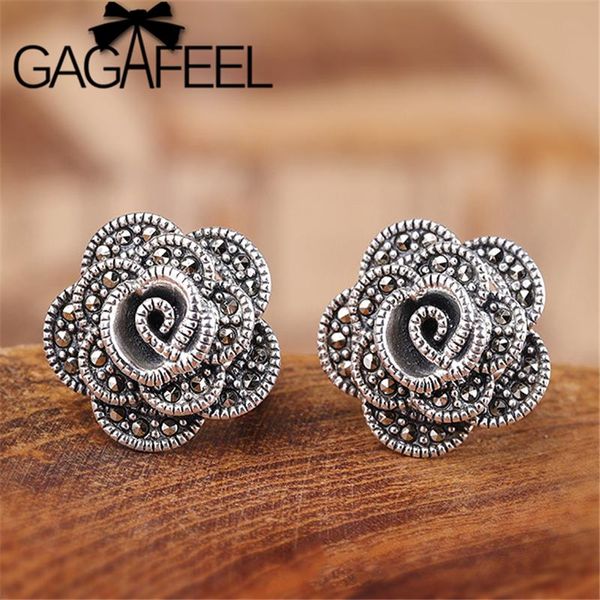 

gagafeel s925 sterling silver rose stud earring marcasite flower shape earrings thai silver vintage jewelry for women fine gifts, Golden;silver