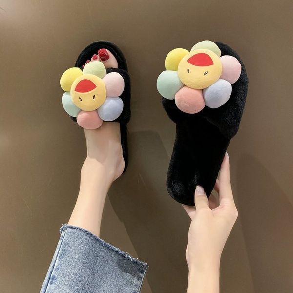 

fur slides women house slippers winter furry slippers big flowerwarm shoes woman slip on flats slides cozy pink fur slide x1020, Black