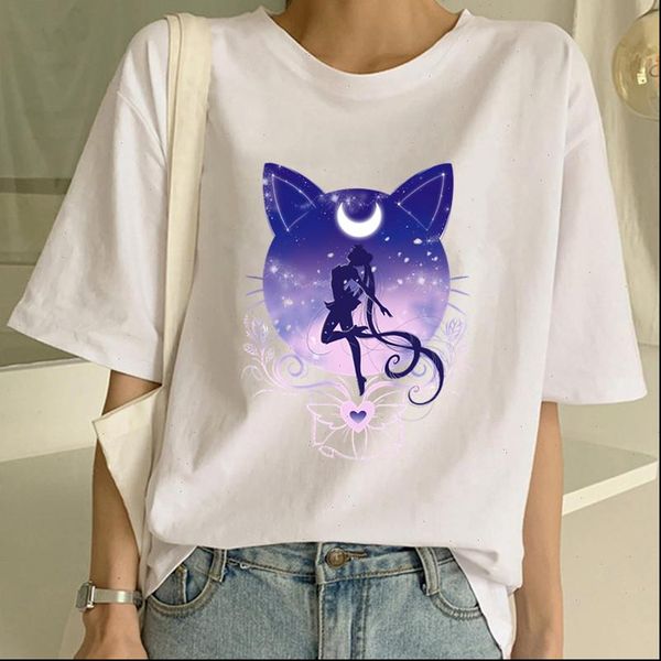 

kawaii sailor moon summer fashion t shirt women harajuku short sleeve fun ulzzang t shirt cute cat tshirt cartoon tees, White