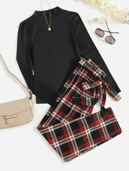 

mock neck & plaid belted pants i8fg#, White