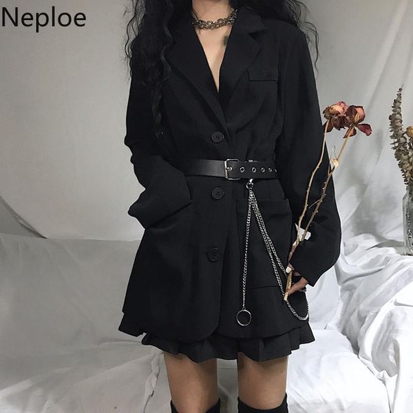 

neploe 2020 office lady notched blazers long sleeve women autumn harajuku oversize coat black medium-long jacket with belt 55504, White;black