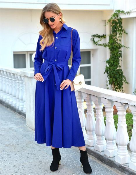 

womens midi dress fashion trend long sleeve single breasted solid color shirt dresses spring female casual long skirt clothing, Black;gray