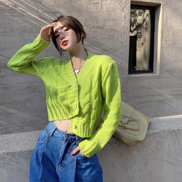 

women's knits & tees 2021 candy-colored twist weave v-neck puff sleeve high-waist short autumn and winter sweater knit cardigan, White