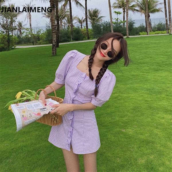 

purple dress summer high waist puff sleeve slim shorts sundress gingham print casual womens elegant dresses mini dresses t200701, Black;gray