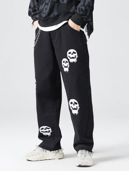 

men skull print pocket detail jeans 20z7#, Blue