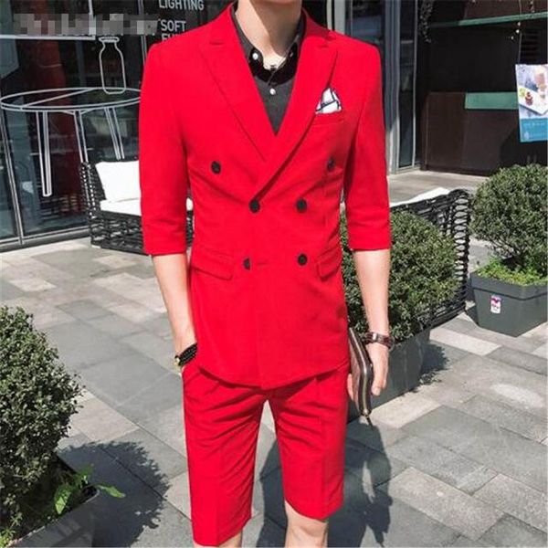 

men's suits & blazers tpsaade fashion 2 pieces summer double breasted white/red /grey/blue slim fit short trousers wedding party dress, White;black