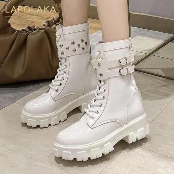 

2020 chunky heels platform fashionable shoelaces buckles cool winter shoes woman boots, Black