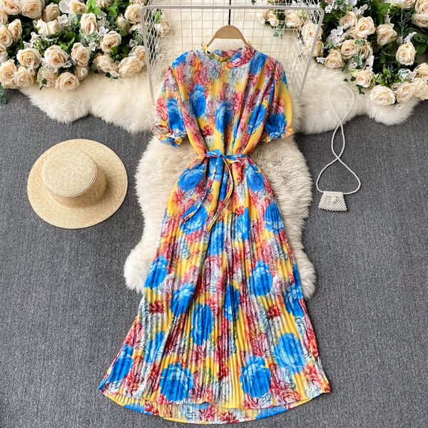 

2021 new female singiny print style puff neck the line dressed bohemian summer vacation beach dress acls, Black;gray