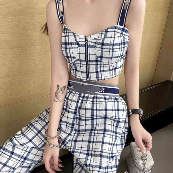 

2022 factory wholesale new summer checked letter printing suspender vest high waist elastic wide leg pants tide two-piece set jy4n, Gray