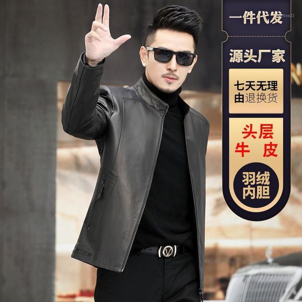 

men's leather & faux head layer cowhide fur coats male favors thickening and velvet warm coat of cultivate morality short style1, Black