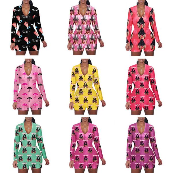 

wap letters women jumpsuit umbrella printed long sleeves shorts romper v neck home jumpsuits caroon casual siamese trousers onesies d102304, White