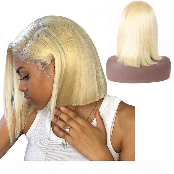 

613 blonde human hair bundle wig short bob glueless virgin peruvian pre plucked hairline 613 blonde lace front wigs short with baby hair, Black;brown