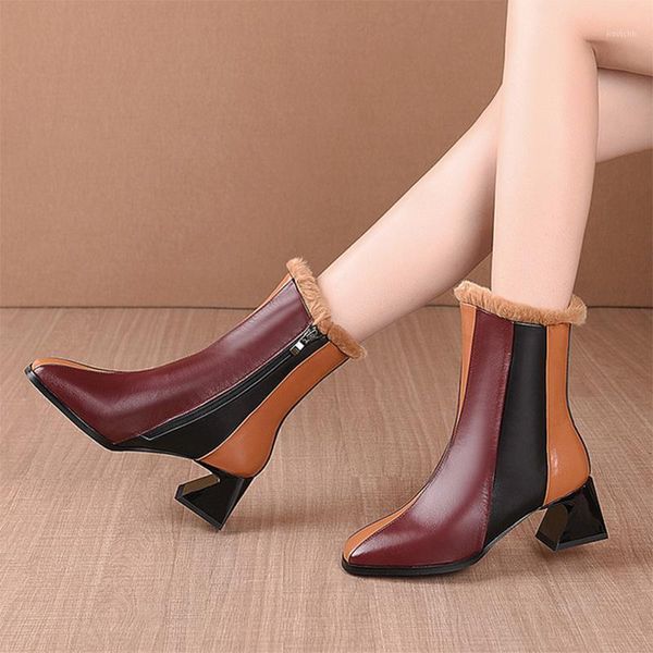 

fashion women mid-calf boots genuine leather side zipper thick heels pumps winter warm women's boots 2020 booties for women1, Black