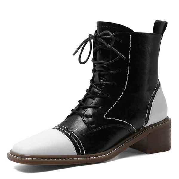 

women ankle boots cross-tied flat thick heel shoes short plush lining fall winter botas feminina new western style mixed color, Black