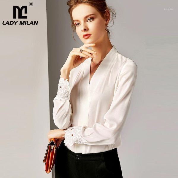 

2020 100% pure silk women's runway shirts v neck long sleeves embroidery elegant shirt blouse1, White