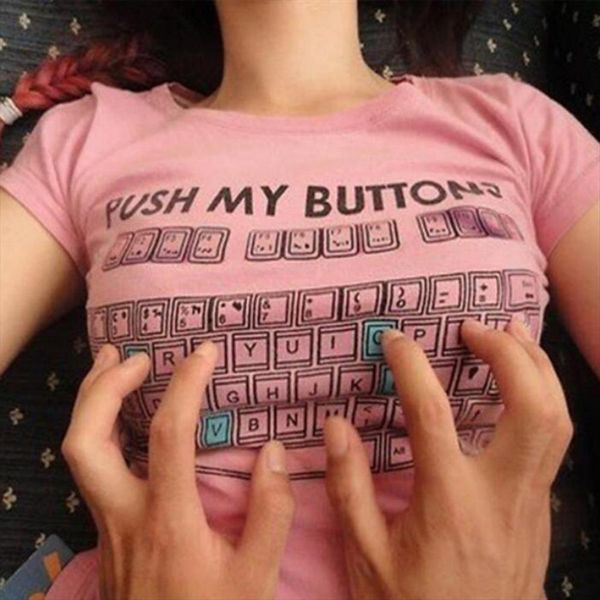 

push my buttons funny keyboard printing spring summer bottoming shirts slim body thin college wind short sleeved womens t s g6, White