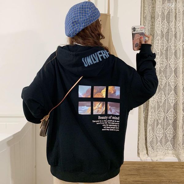 

oversized funny womens sweatshirts streetwear chic leisure hoodies women hooded soft loose simple cartoon printed fashion, Black