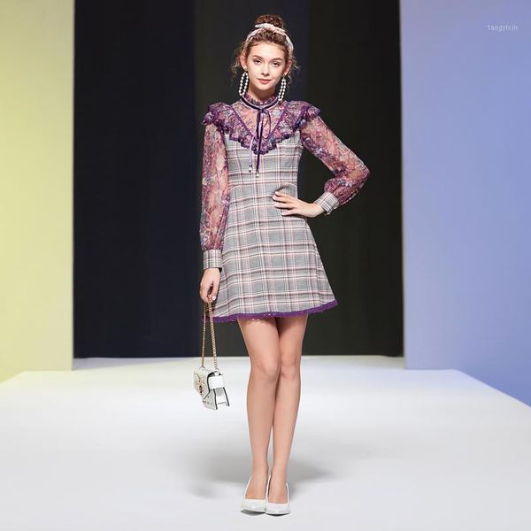 

fashion vintage spring ruffle lace print long sleeve stitching plaid slim fashion new party vacation women's mini dress1, Black;gray