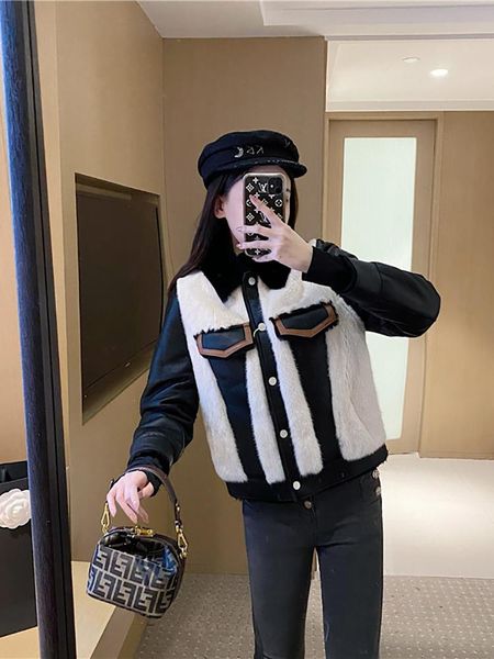 

women's fur & faux blue and black one piece coat 2021 autumn winter versatile thickened short top