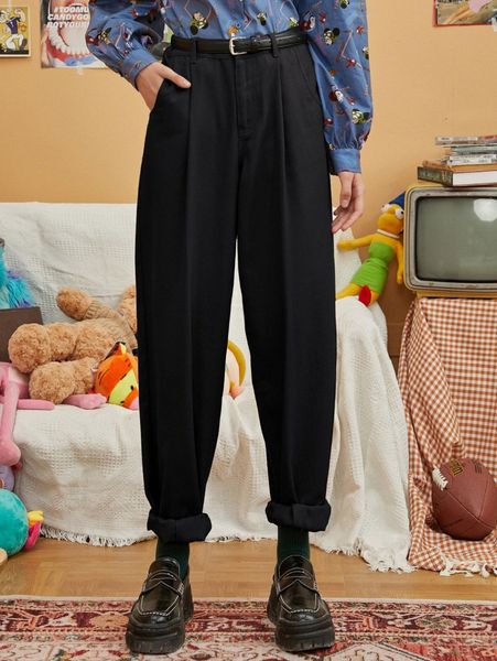 

high waist patched detail slant pockets pants without belt a4kh#, Black;white