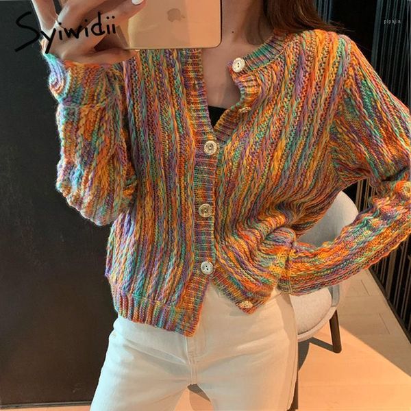 

syiwidii rainbow sweater women 2021 stripes knitted fashion girls sweaters slim colorful korean harajuku cardigan women1, White