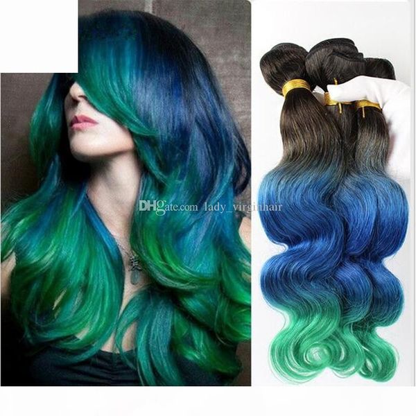 

teal ombre hair extentions 8a grade brazilian ombre hair 1b blue green three tone ombre body wave human hair weave bundles 3pcs lot, Black