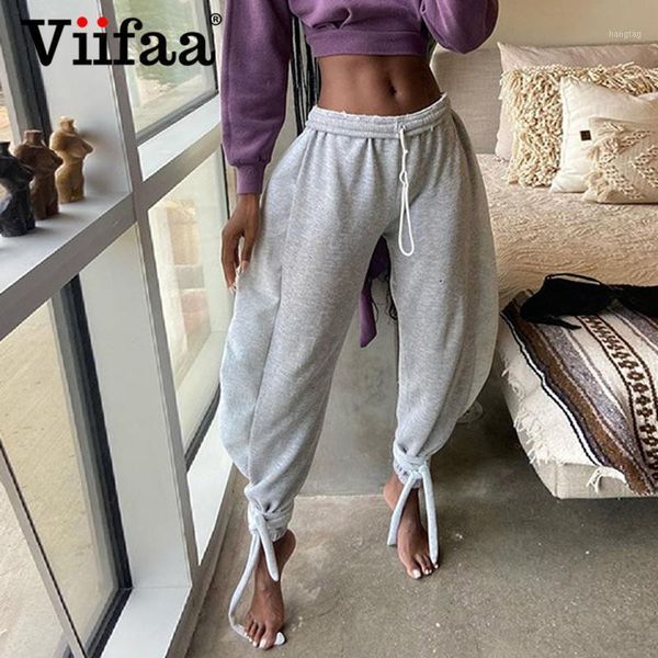 

viifaa elastic waist wide harem pants women self tie hem sweatpants 2020 autumn winter streetwear fashion pants1, Black;white
