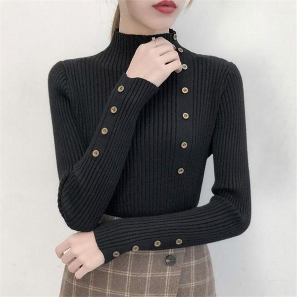 

2020 women autumn knitted slim sweaters solid knitted female cotton soft elastic color pullovers button full sleeve turtleneck, White;black
