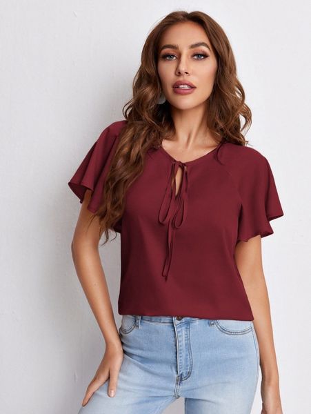 

tie neck flounce sleeve f8jk#, White