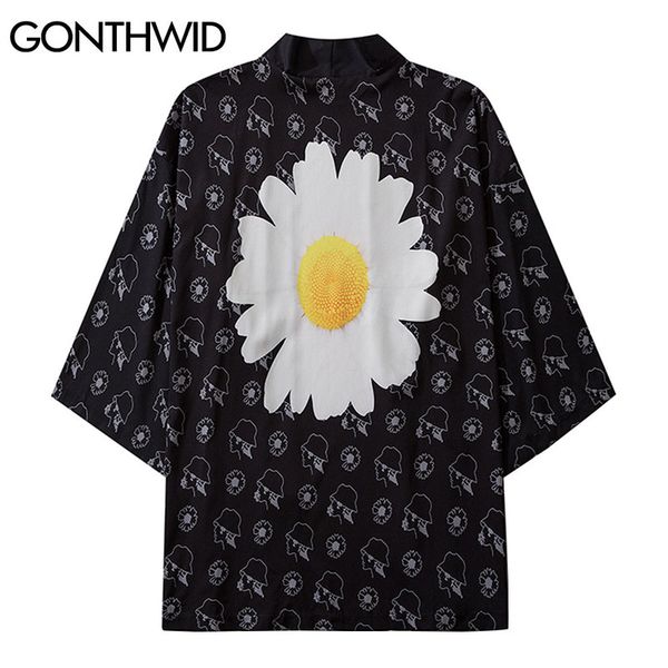 

floral kimono cardigan jackets daisy flowers print japanese yukata jacket sunscreen shirts harajuku casual shirt kg-182, Black;brown