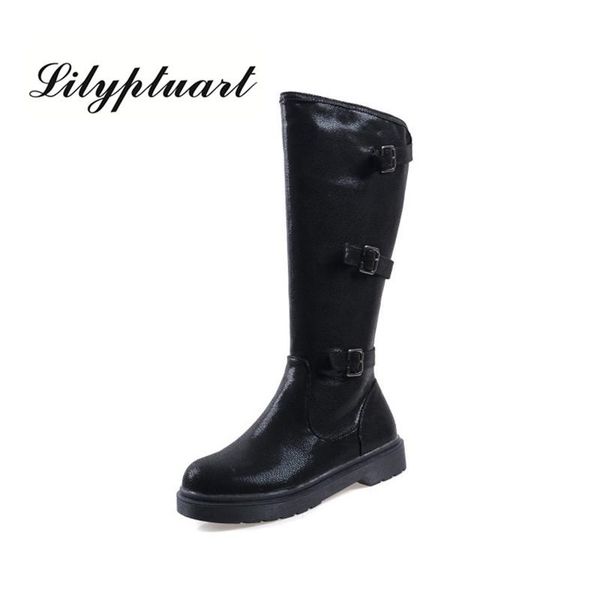 

europe and the united states warm high boots low heel slip knight motorcycle boots round head belt buckle fashion ladies, Black