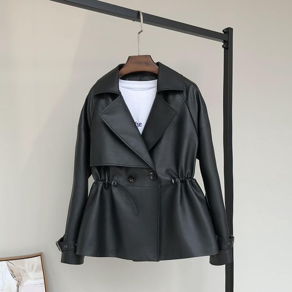 

nerazzurri black short faux leather jacket women plus size double breasted drawstring long sleeve fall 2019 pu leather jackets t200908
