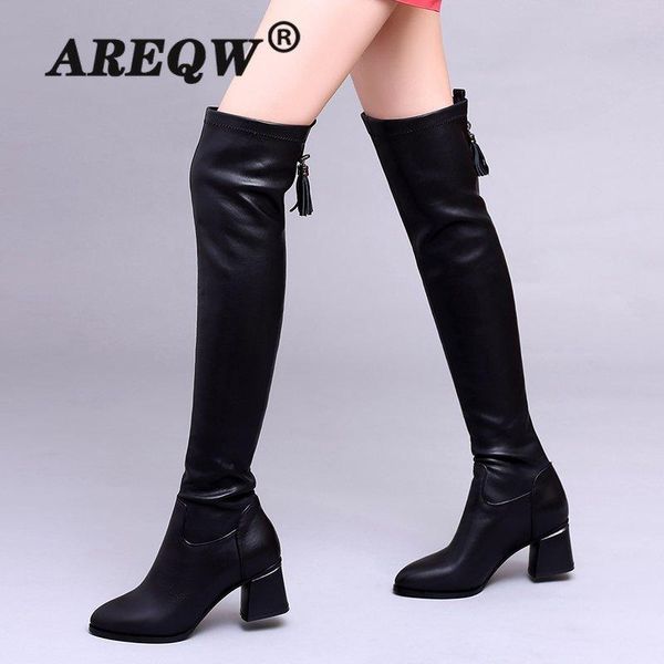 

boots areqw knee-high long women winter over knee pandent keep warm heels ladies, Black