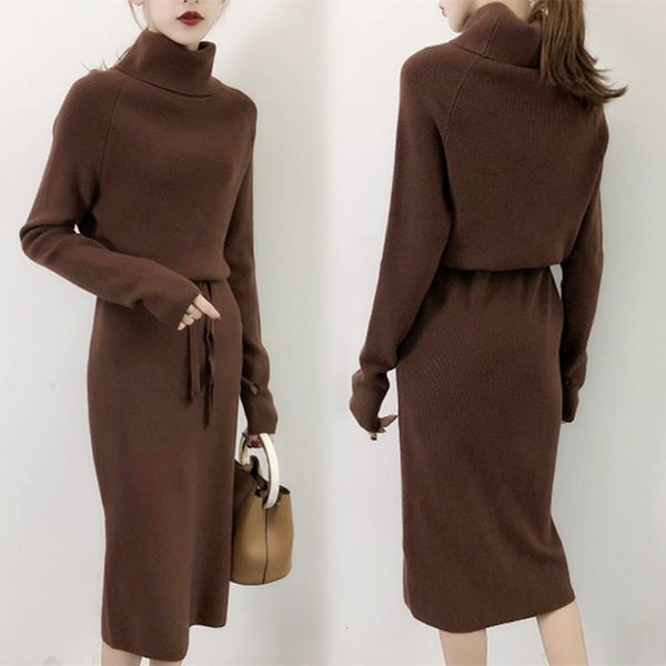 

high collar thickened sweater women's autumn winter new loose fitting pullover slim and lazy wind bottom medium length woolen dress, White;black