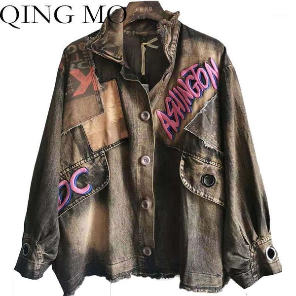 

qing mo woman retro distressed coat 2020 autumn water wash cowboy cuff buckle loop coat letter embroidery casual lhxx3601, Black;brown