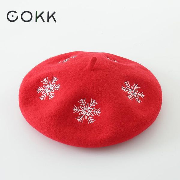 

cokk brand wool beret winter hats for women snowflake embroidered red beret female boina feminina christmas gift england vintage swy sqcmds, Blue;gray