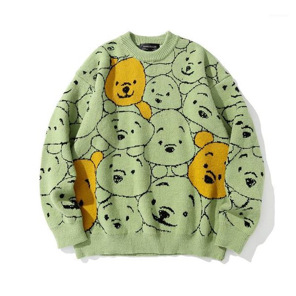 

funny cartoon anime bear knitted pullover jumper sweaters streetwear winter hip hop casual long sleeve o-neck sweater men 1, White;black