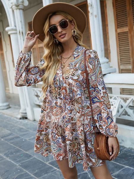 

paisley print ruffle hem smock dress g0a9#, Black;gray