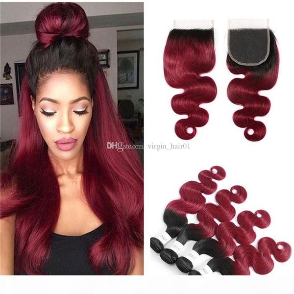 

ombre burgundy lace closure with bundles wine red human hair weaves with lace closure body wave two tone hair weaves, Black;brown
