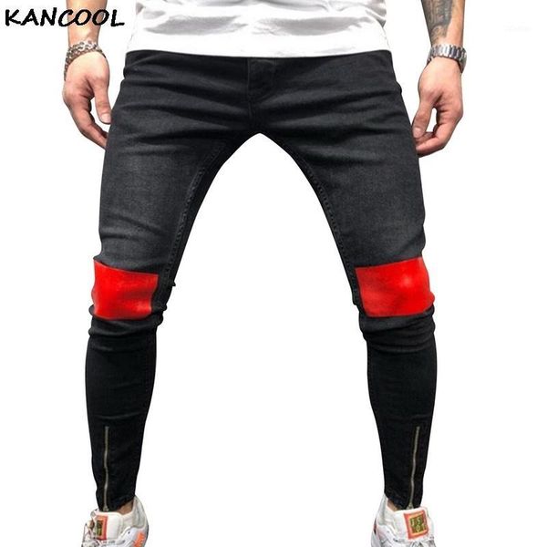 

adisputent 2020 spring fashion ripped jeans pencil pants patchwork printing denim slim elasticity skinny pants solid man jeans1, Blue