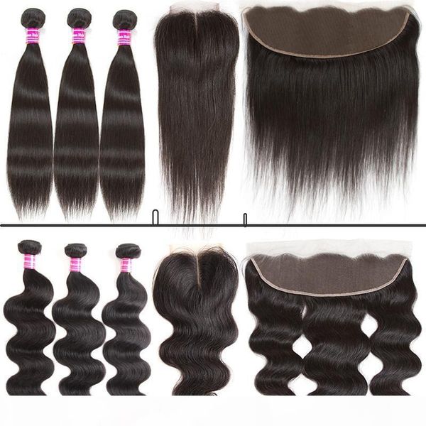 

glary brazilian virgin hair body wave straight 3 bundle and 4x4 lace closure or 13x4 lace frontal human hair weft, Black;brown