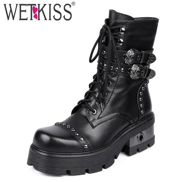 

wetkiss motorcycle ankle boots woman rivets metal strappy booties chunky heel platform shoes women genuine leather square toe, Black