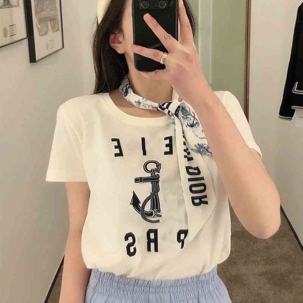 

2022 factory wholesale new cel anchor letter printed short women's summer fashion loose casual couple half sleeve t-shirt a1, White